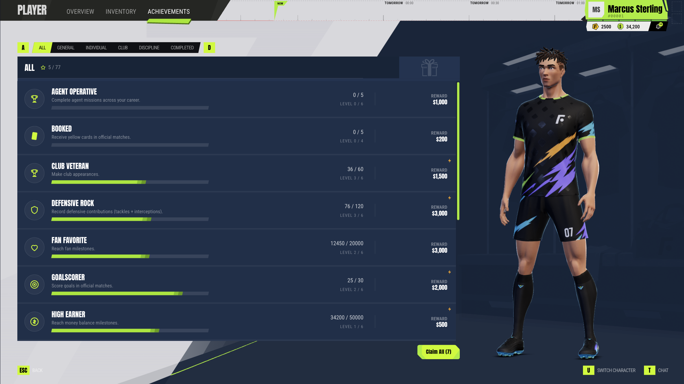 fballers achievements screen with progress tracking and claimable rewards.