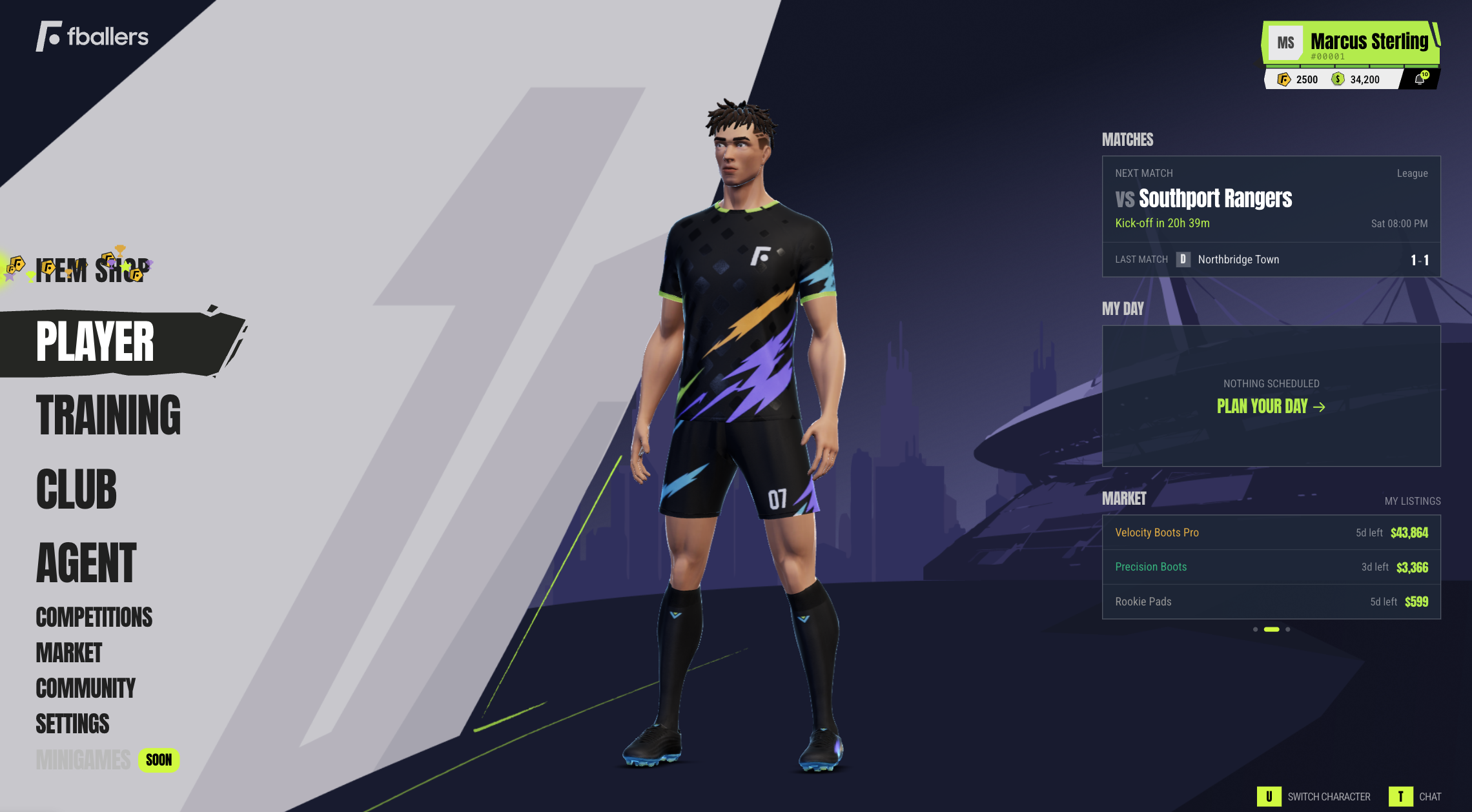 fballers homepage showing match info, daily plan, market listings, agent missions and shop sales.