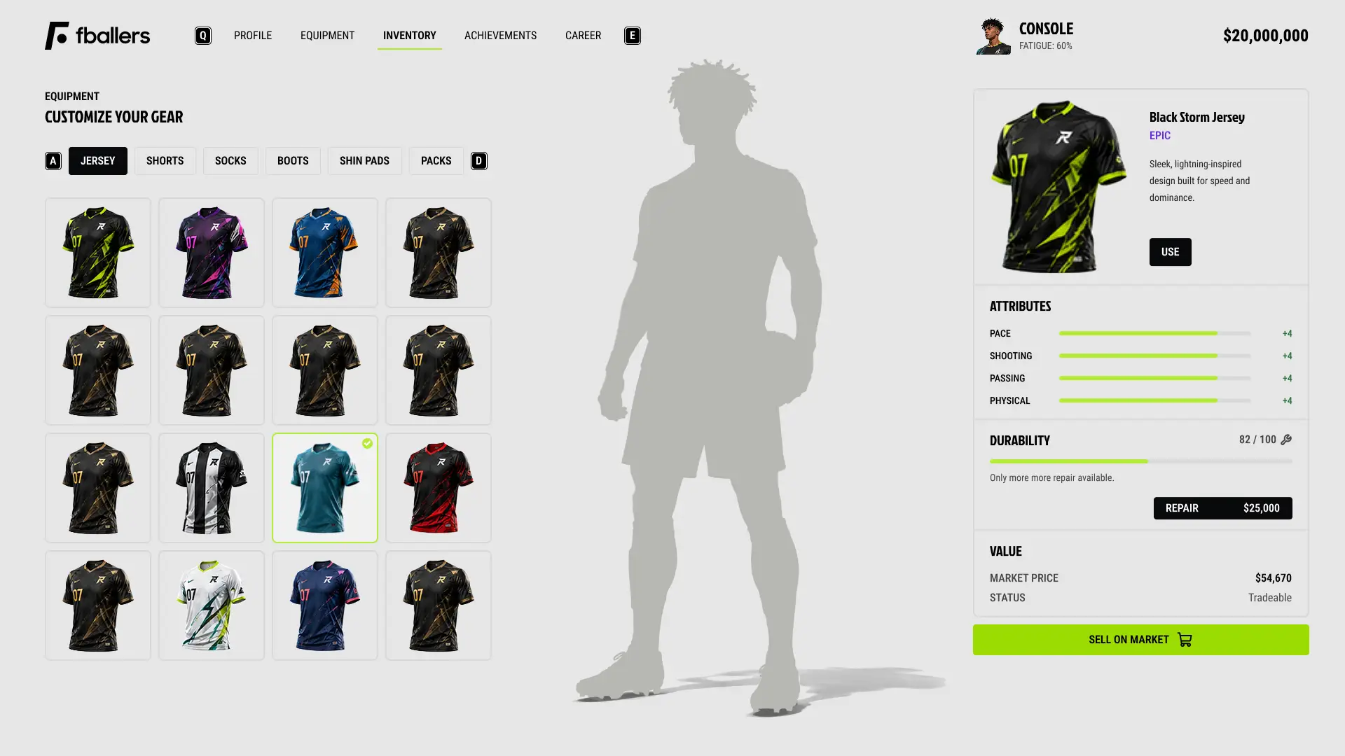 fballers inventory screen showing jersey selection, rarity grid, durability and market price.
