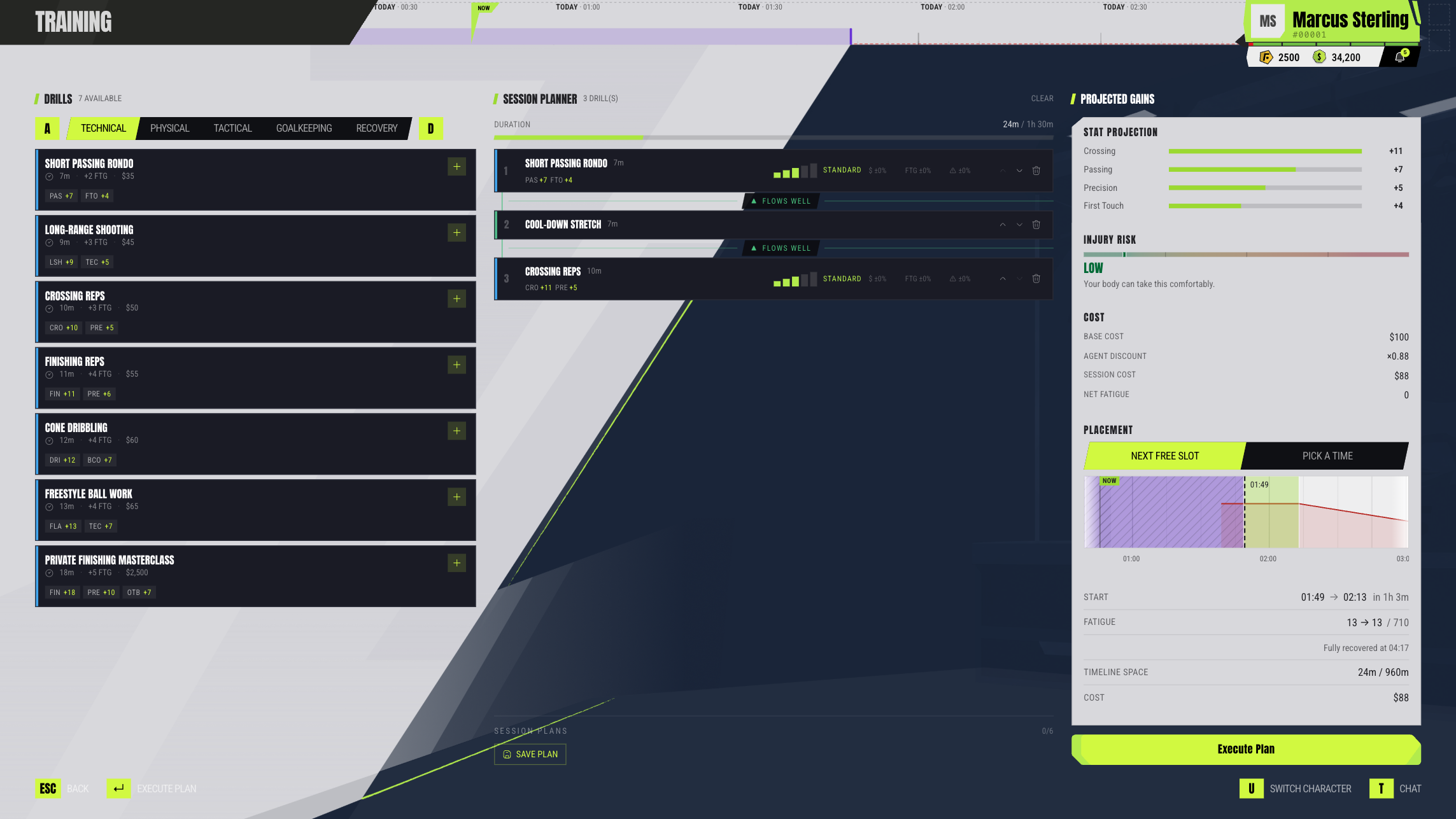 fballers training planner with custom sessions, scheduling options, cost, injury risk and fatigue.