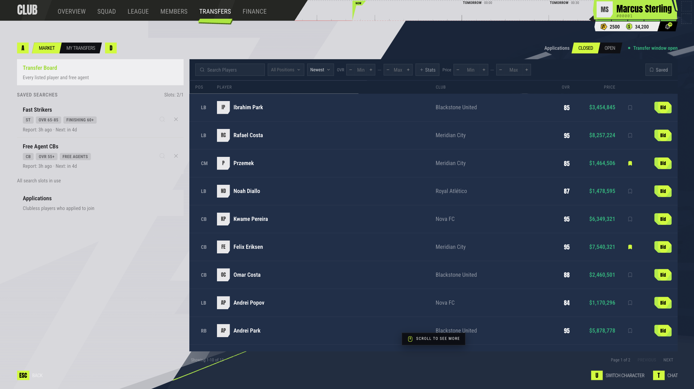 fballers transfers and scouting screen with transfer list and saved player searches.